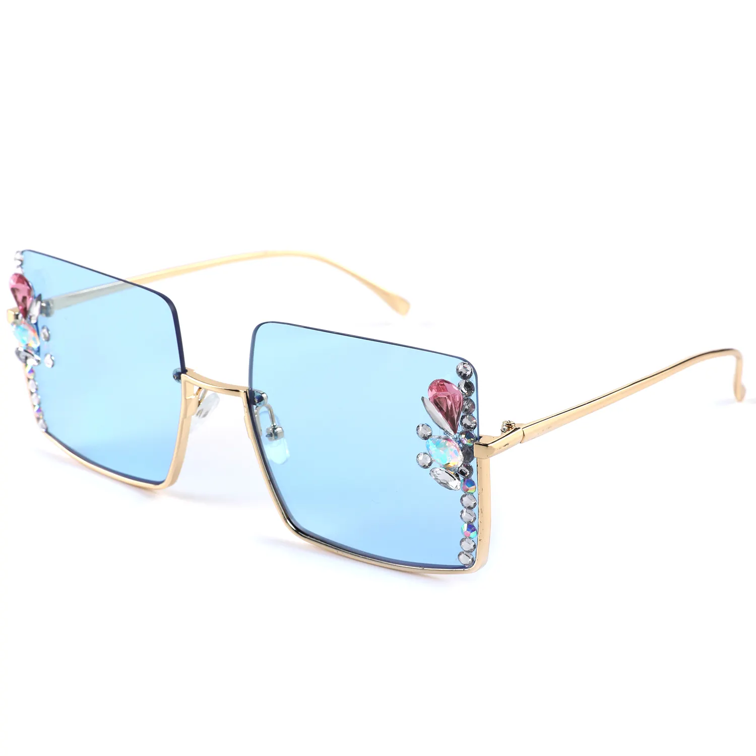 Modetrend heiße Mädchen Straßenfoto im Freien fahren Grenzgrenze-sonnenbrille halbrahmen elegante Sonnenbrille mit Diamanten