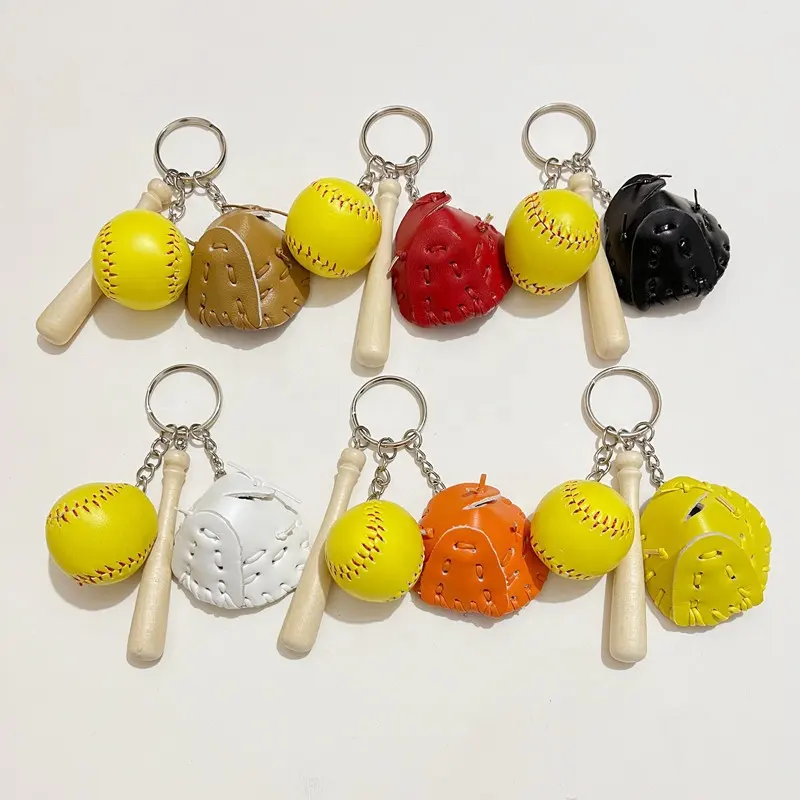 야구 및 장갑 열쇠 고리 판촉 선물 미니 나무 박쥐 PU 가죽 스포츠 기념품 나무 상자 유럽 민속 예술 열쇠 고리