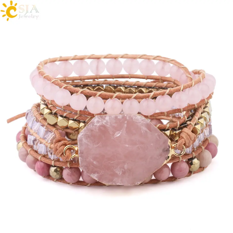 CSJA-pulsera de piedra Natural de cuarzo rosa tejida, brazalete de piedras preciosas bohemias hechas a mano, envolturas en capas, pulsera artesanal de cristal S308