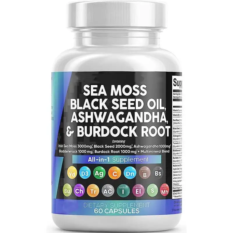 Private Label Sea Moss Capsules 3000 Mg Black Seed Oil Ashwagandha Turmeric Bladderwrack Burdock Sea Moss Pill For Immune System