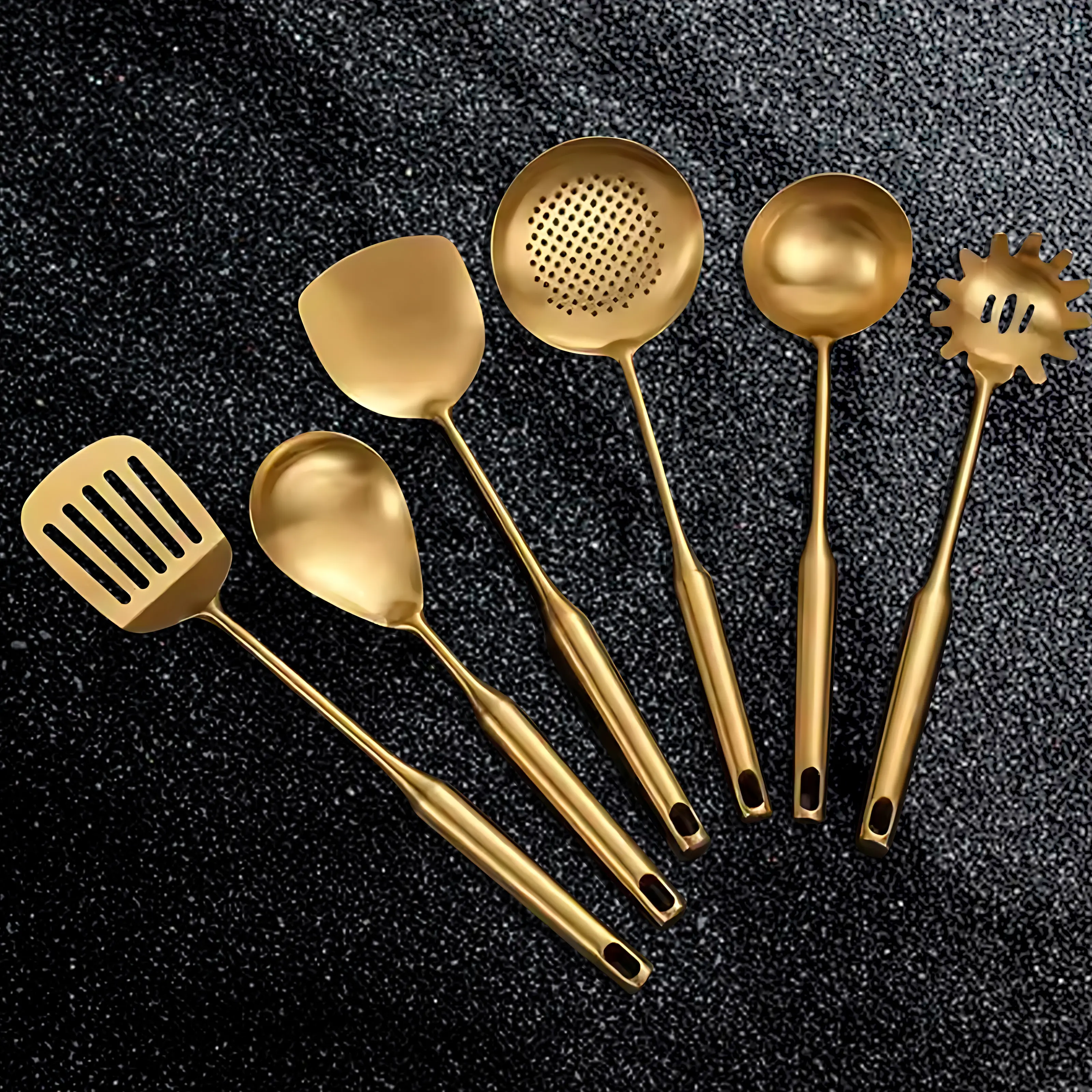 6 Stück Edelstahl Küche Gold-Gadgets-Werkzeuge Kochen-Werkzeuge Utensilien-Set Küchenutensilien Geschenkset mit Halter