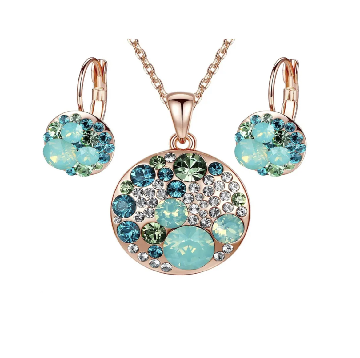 Beautiful Multicolored crystal Gold plated pendant necklace earrings Fashion women's jewelry set with a sense of premium design