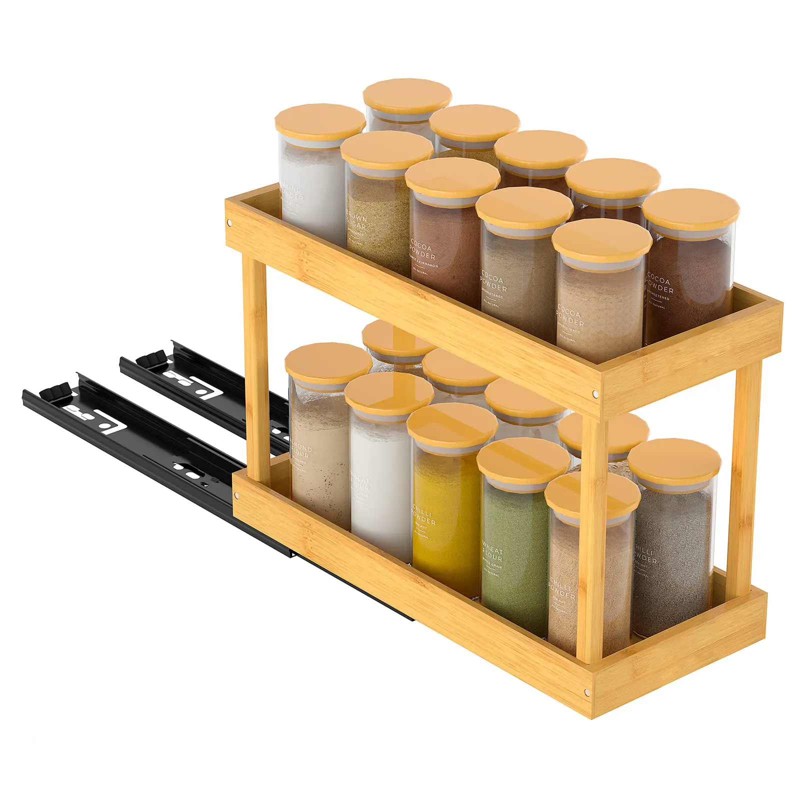 Wholesale Bamboo Spice Rack 2 Tiers Slide Out Vertical Seasoning Spice Organizer Pull Out Spice Rack Organizer for Cabinet