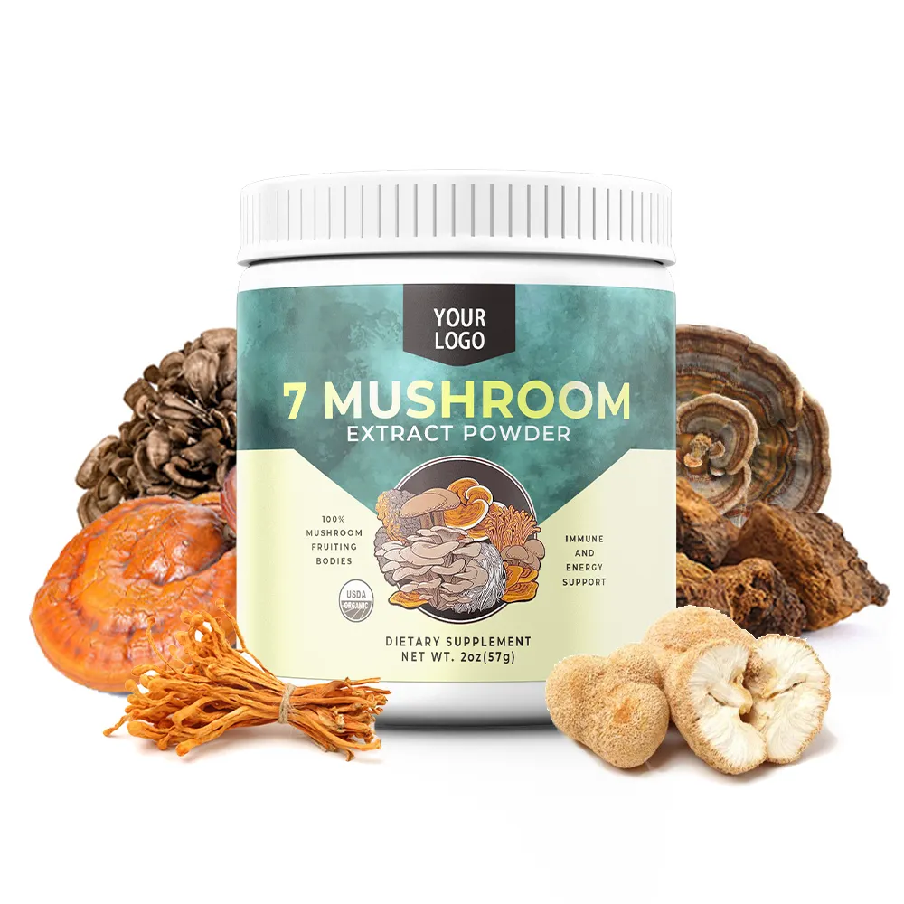 Kräuter pilz Mix Pulver Maitake Cordy ceps Reishi Chaga Löwen Mähne Mix Pulver Private Label 7 in 1 Lebensmittel Kräuter extrakt 2 Jahre