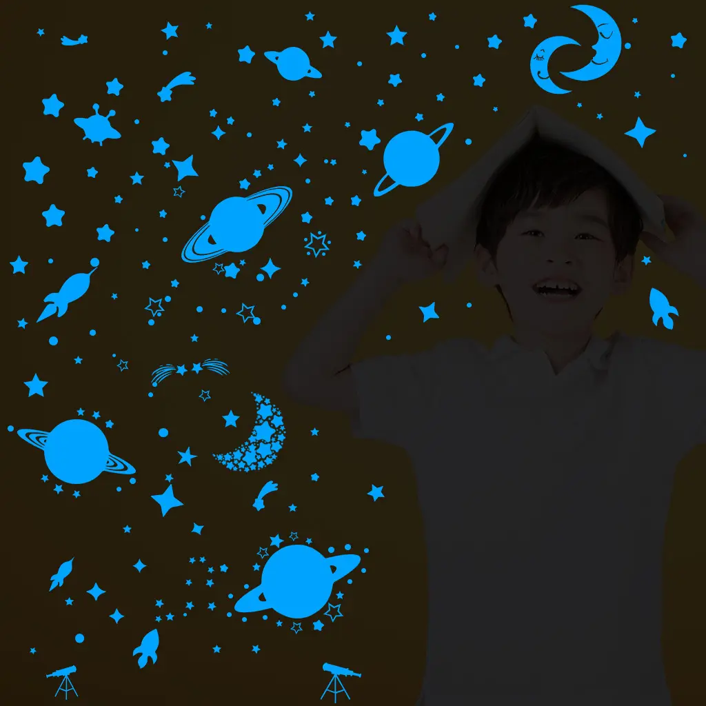 1 Pack Fluoreszenz-Wandsticker Sterne Mond Heimdekor leuchtendes Weltall Planeten Aufkleber Jungs Kinderzimmer DIY-Aufkleber