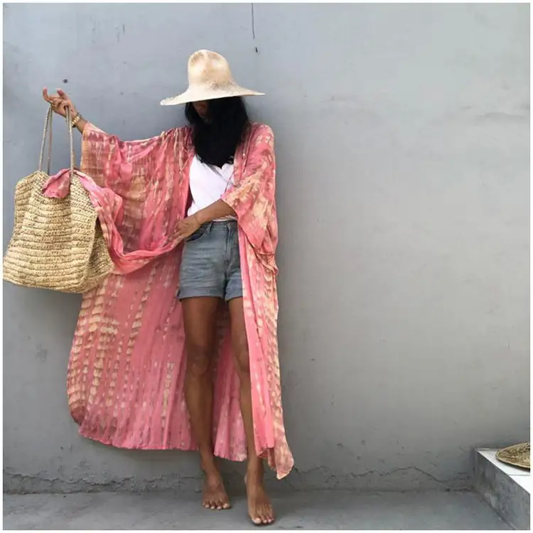 Túnica kimono praia feminina retro listras, estilo boho estampado, robe de plage, tira de gravata, cardigan aberto, moda praia