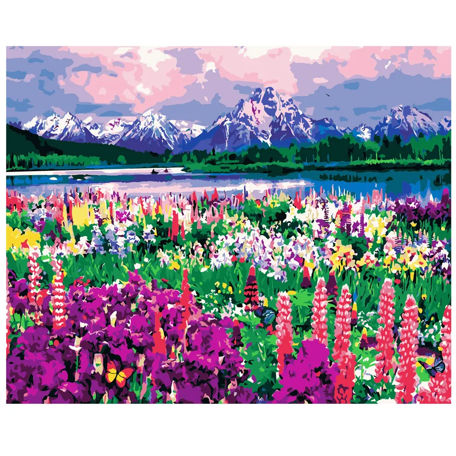 Nueva pintura al óleo pintura por números pintura acrílica nieve montaña paisaje flores con marco de madera para adultos Kits