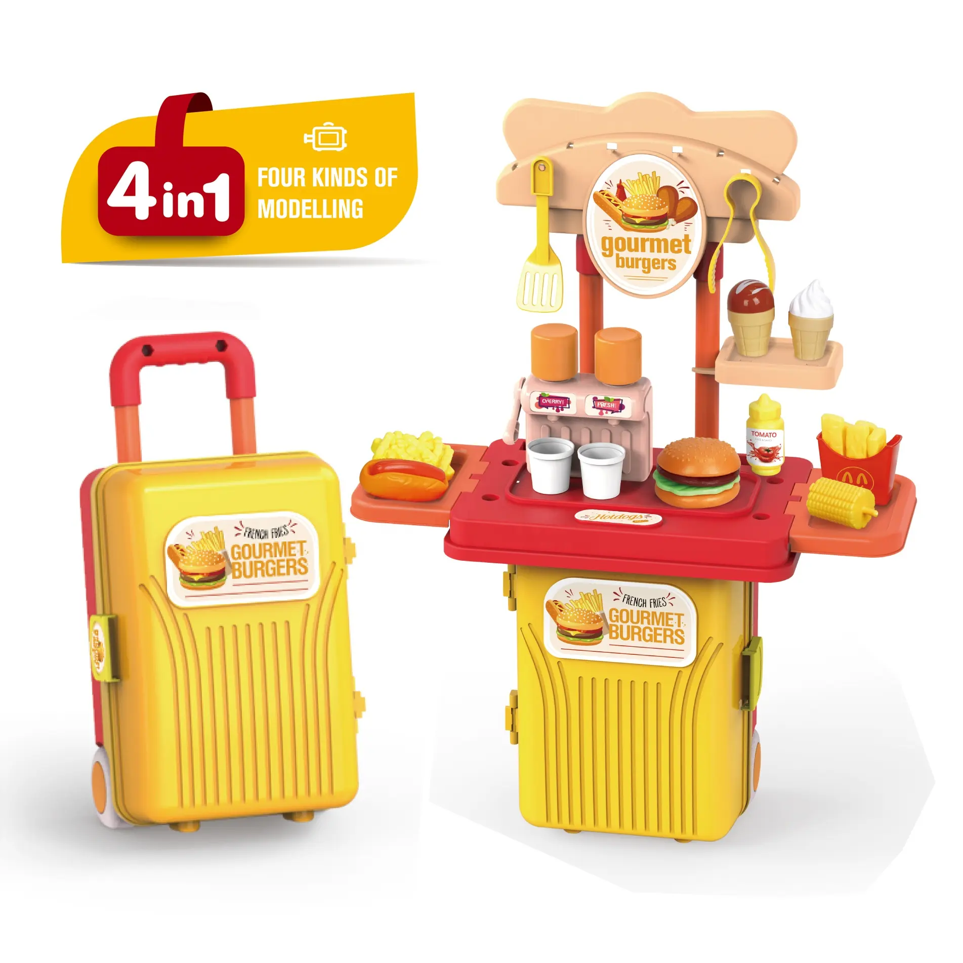 4 in 1 French-fries & Hamburger Cooking Fun Fast Food Stand Easy to Take Suitcase Kitchen Play Set Toy for Kids