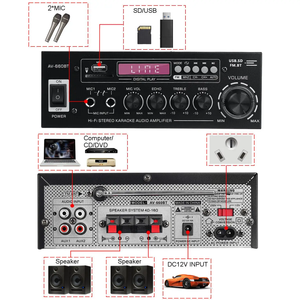 Amplificador de Sonido PARA EL Hogar, Amplificador de Potencia CH 2,1, Compatible con EQ, FM, USB, Tarjeta SD, Entrada de 2 Micrófonos, Sala de Reuniones, Teatro, Coche,