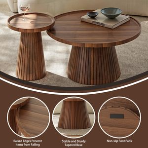 AJUNION Mid Century Modern <strong>Nesting</strong> Coffee <strong>Table</strong> Set Wood Grain Veneer Fluted Round Tea <strong>Table</strong> and <strong>End</strong> <strong>Table</strong> Set for Living Room - Product Image 3