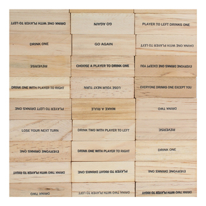 Torre de madera que cae Juego de fiesta apilable 60 bloques con tareas divertidas y comandos entretenidos con 4 vasos de vidrio Juego de beber