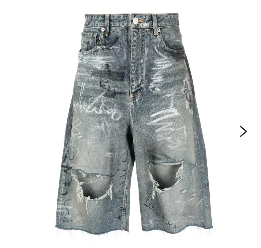 Diseño personalizado Jorts Hip-hop bordado rasgado Vintage Heavy Craft Denim Baggy Jean Shorts Hombres