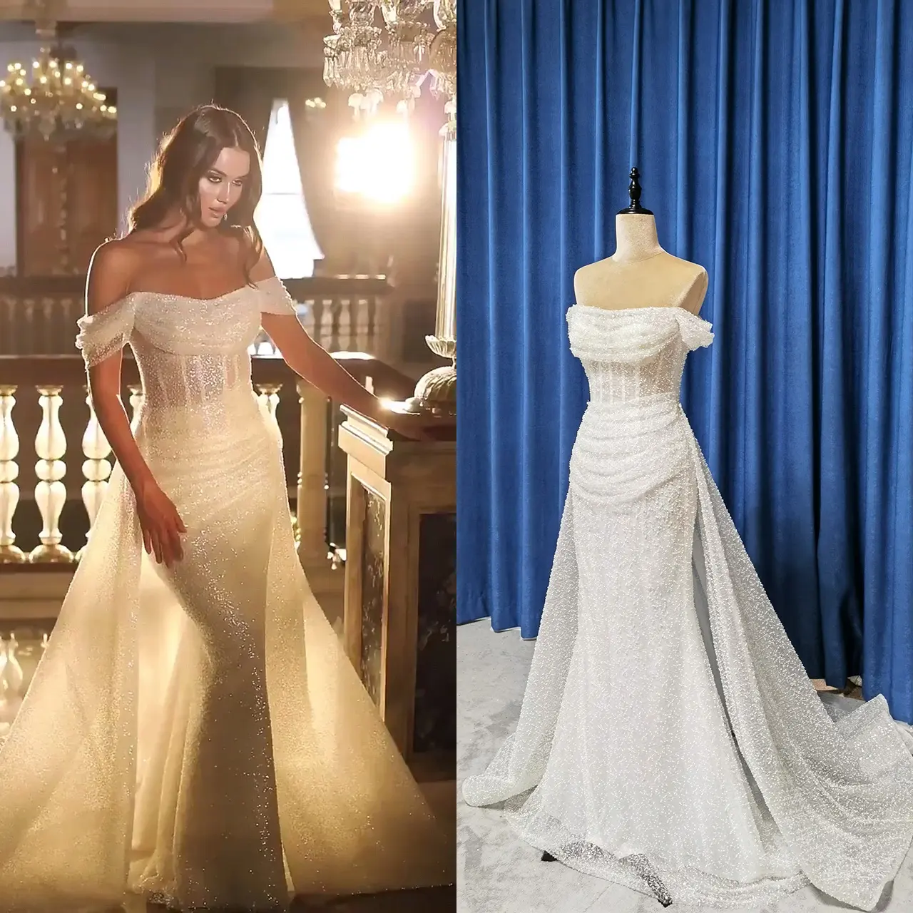 Abito da sposa a sirena di vendita calda di nuovo Design in tessuto lucido con perline con treno staccabile 2022