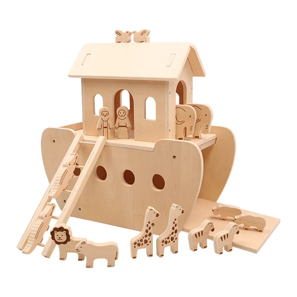 Ark de madera de bambú respetuoso con el medio ambiente, juego de animales Montessori para aprendizaje temprano, juguetes para bebé