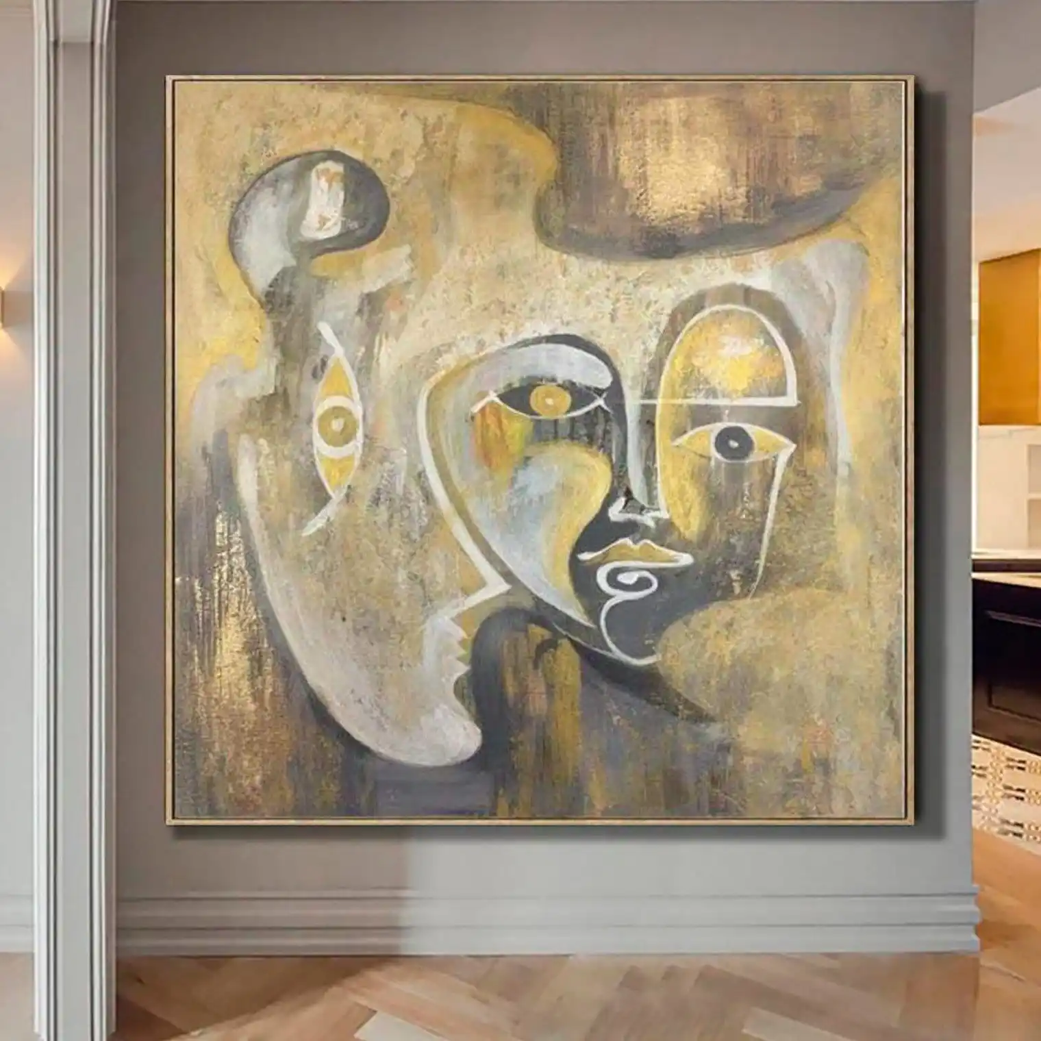 Pintura al óleo en lienzo abstracta de arte marrón, pintura en oro con caras de la luz