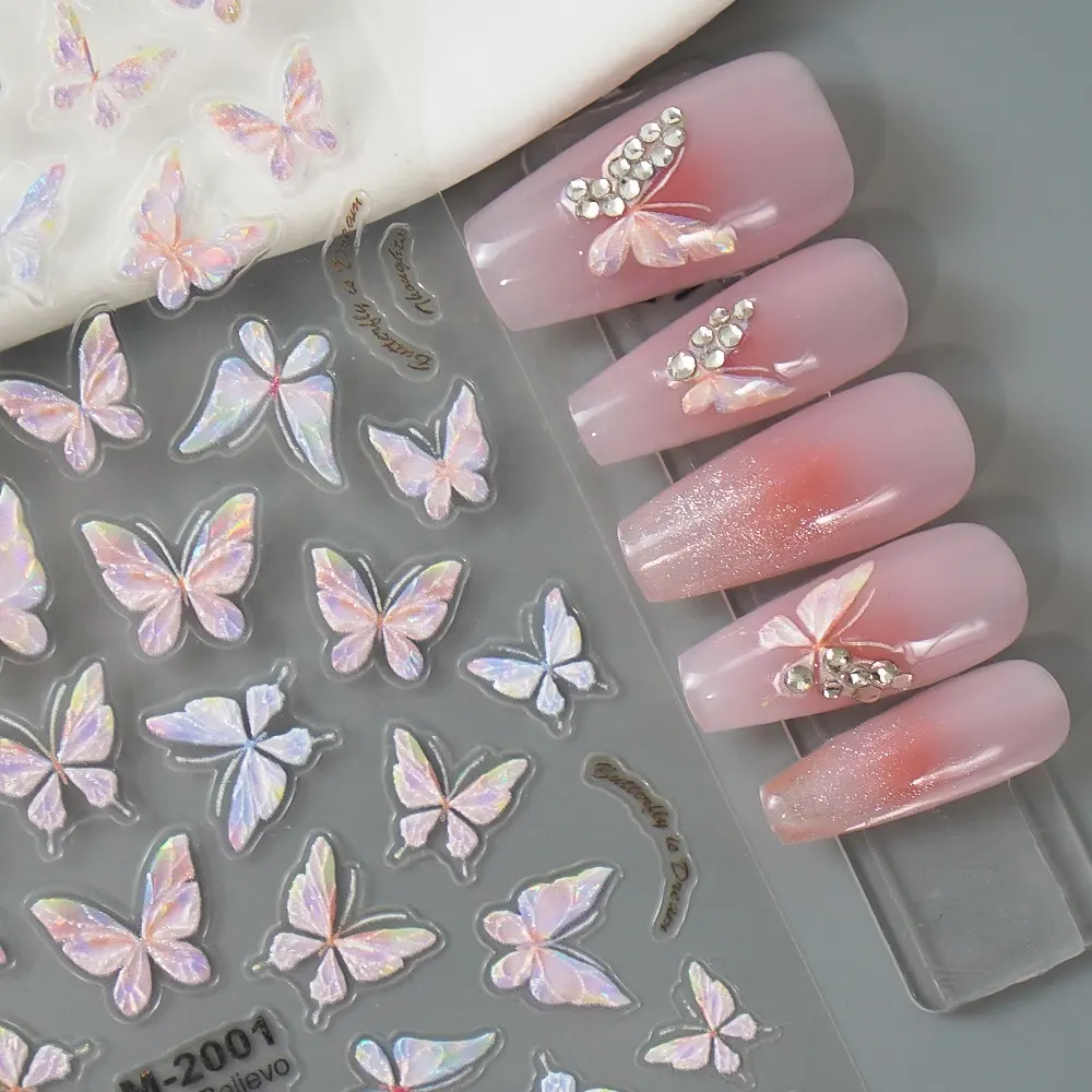 Precio de fábrica Pegatinas para uñas Decoración 5D 2024 Mariposa colorida Pegatinas para uñas Primavera Verano Calcomanías para uñas