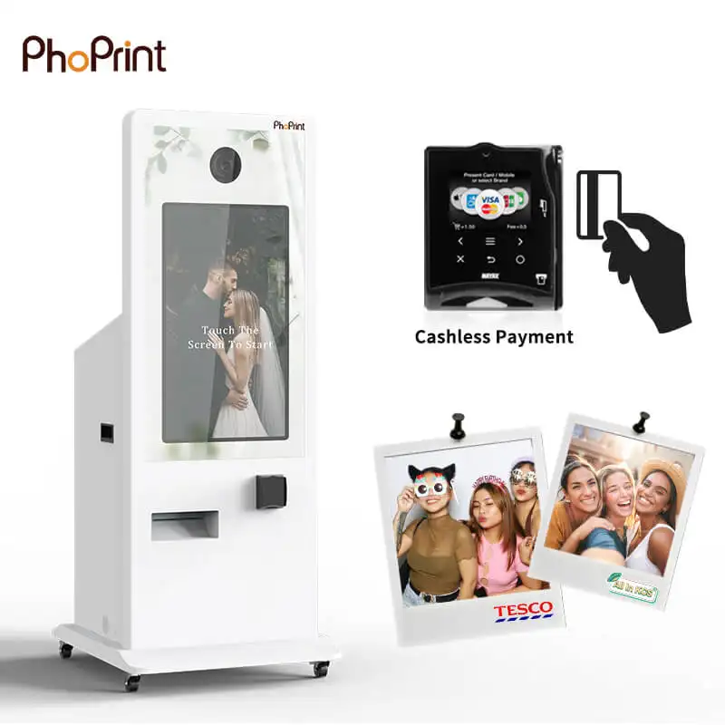 Phoprint boda digital pago con tarjeta de crédito autoservicio espejo fotomatón quiosco con impresora de cámara