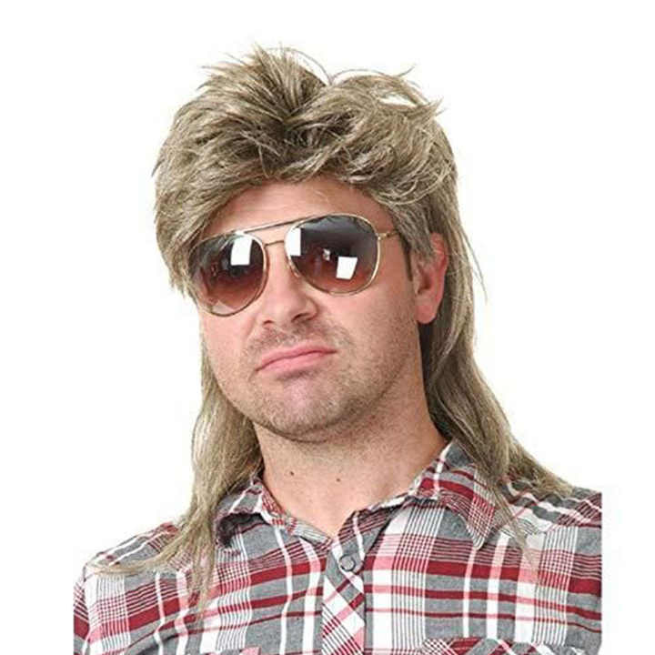 Kaneles Mullet Brown Black 80's Rock Mullet Adult Men's Party Synthetic Wig Fluffy Short Curly Head Cover