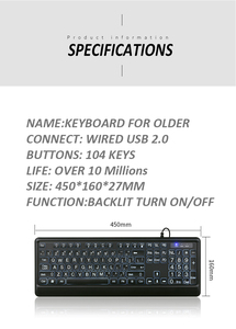 Có Dây Lớn In Bàn Phím Trắng Bold Chữ Jumbo Im Lặng Backlit Bàn Phím Với Quá Khổ Nhân Vật 104 Phím Cho Người Cao Tuổi - Product Image 3