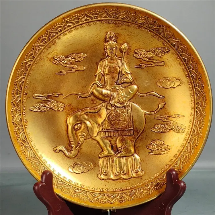 Placa de bronze antiga de cobre puro dourada Puxian Guanyin Bodhisattva para a imagem visualização copo placa casa budista hall suprimentos Feng