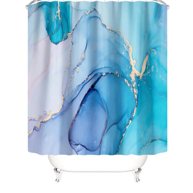 Blue Marble Bathroom Decor with Shower Curtain and Rug Toilet Seat and U-Shaped Mat Waterproof Shower Curtain