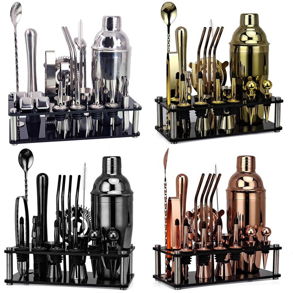 Set Profesional de Coctelería de Acero Inoxidable con Soporte a Granel