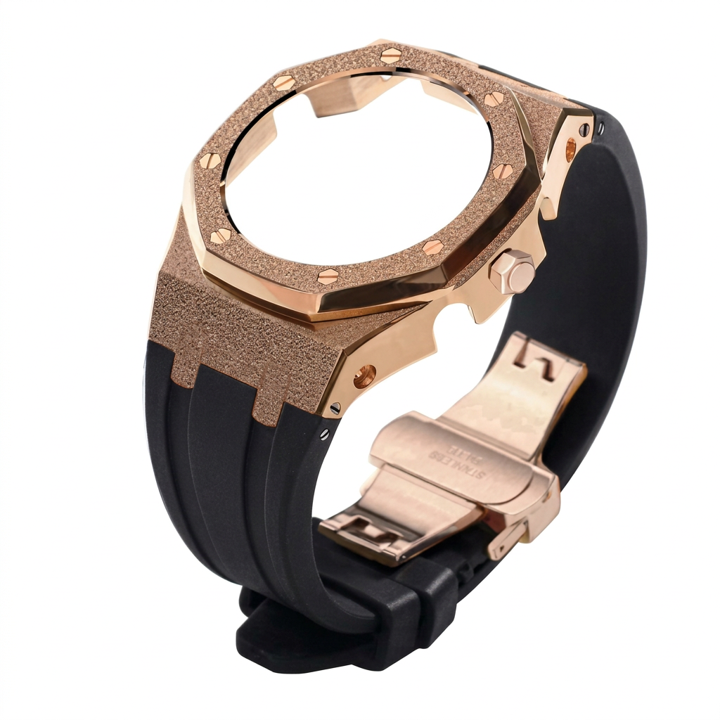 4 gen rose gold-case-black silicone strap