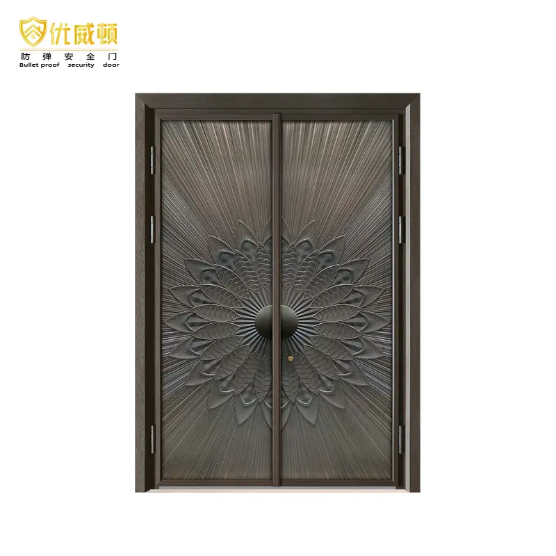 High-End Custom Copper-Colored Luxury Metal Pivot Entrada Porta Chinesa de Segurança para Villas com Abertura Manual