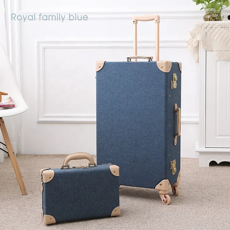 Moda mavi kumaş binmek haddeleme Trolly bavul Retro seyahat hafif araba gövde nostaljik bavul bagaj taşımak