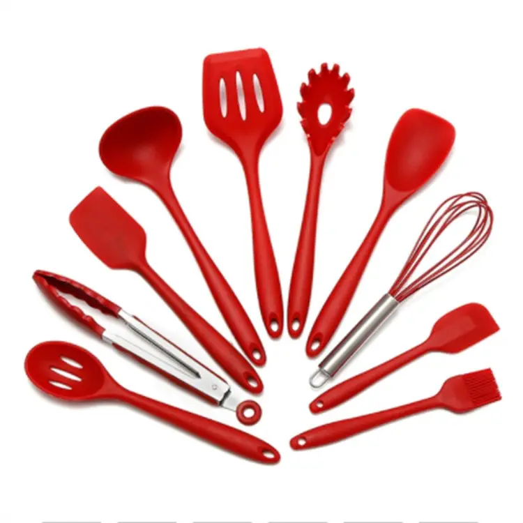 Herramientas de cocina creativas con logotipo, juego de utensilios de cocina de silicona antiadherente de alta temperatura con mango de silicona