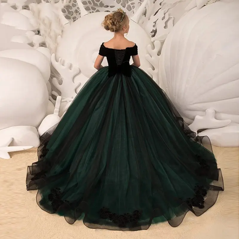 Marca de qualidade fábrica atacado infantil formal princesa vestidos logotipo personalizado preto festa crianças meninas vestidos