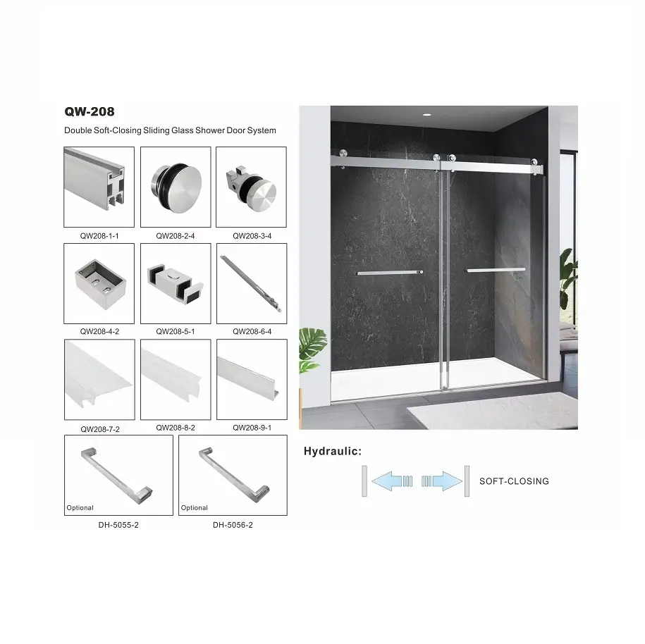 Sistema de puerta corrediza de vidrio para ducha de cierre suave doble, puertas corredizas de ducha sin marco de vidrio templado transparente de 10mm para Baño