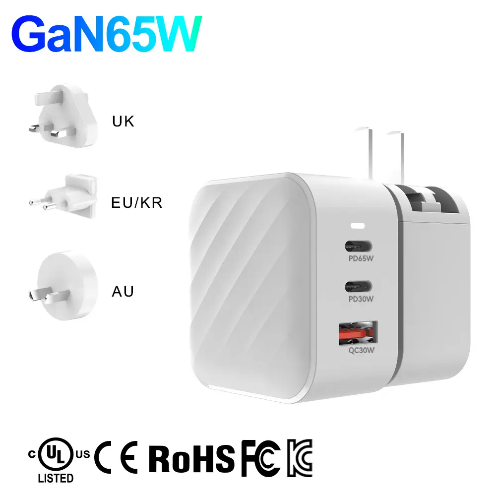 65W 45W PD QC Gan 3 Port Usb Type C Fast Travel Adapter Wall Charger With US/UK/EU/AU/KR Plugs for Phone Tablets and Laptops