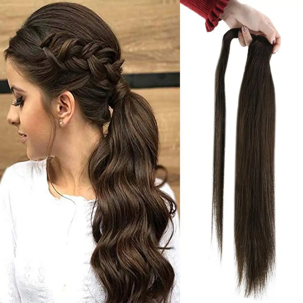 Estoque Salon QualityDouble Drawn Remy Vrigin Extensões de Rabo de Cavalo Cabelo Humano de Uma Peça