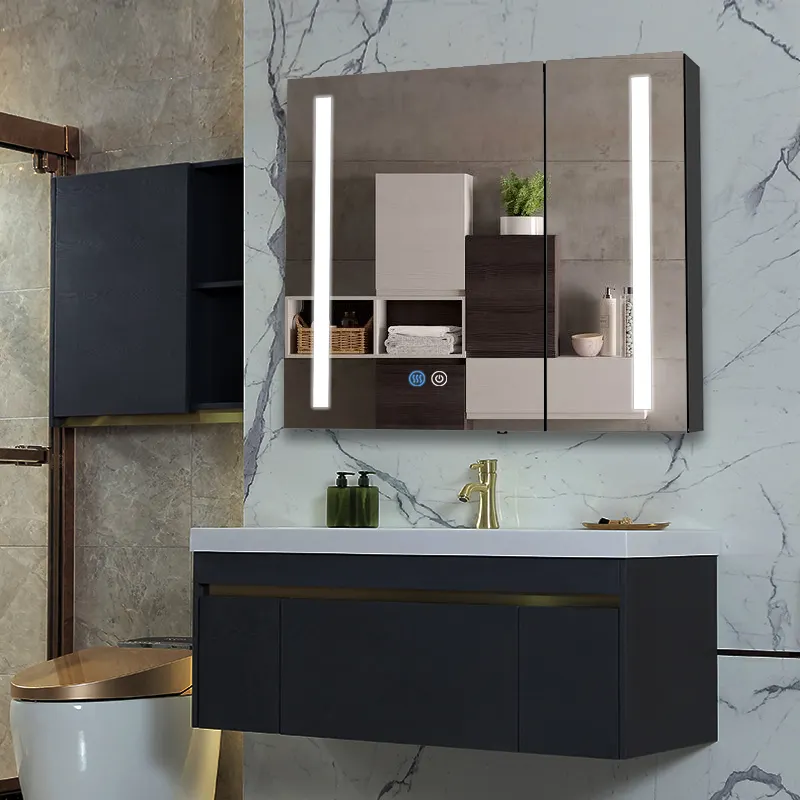 ETL Custom High-End Mirror Cabinet Wall Mounted Mirrored Bathroom Vanity LED Medicine Cabinets Touch Screen Bathroom Mirror