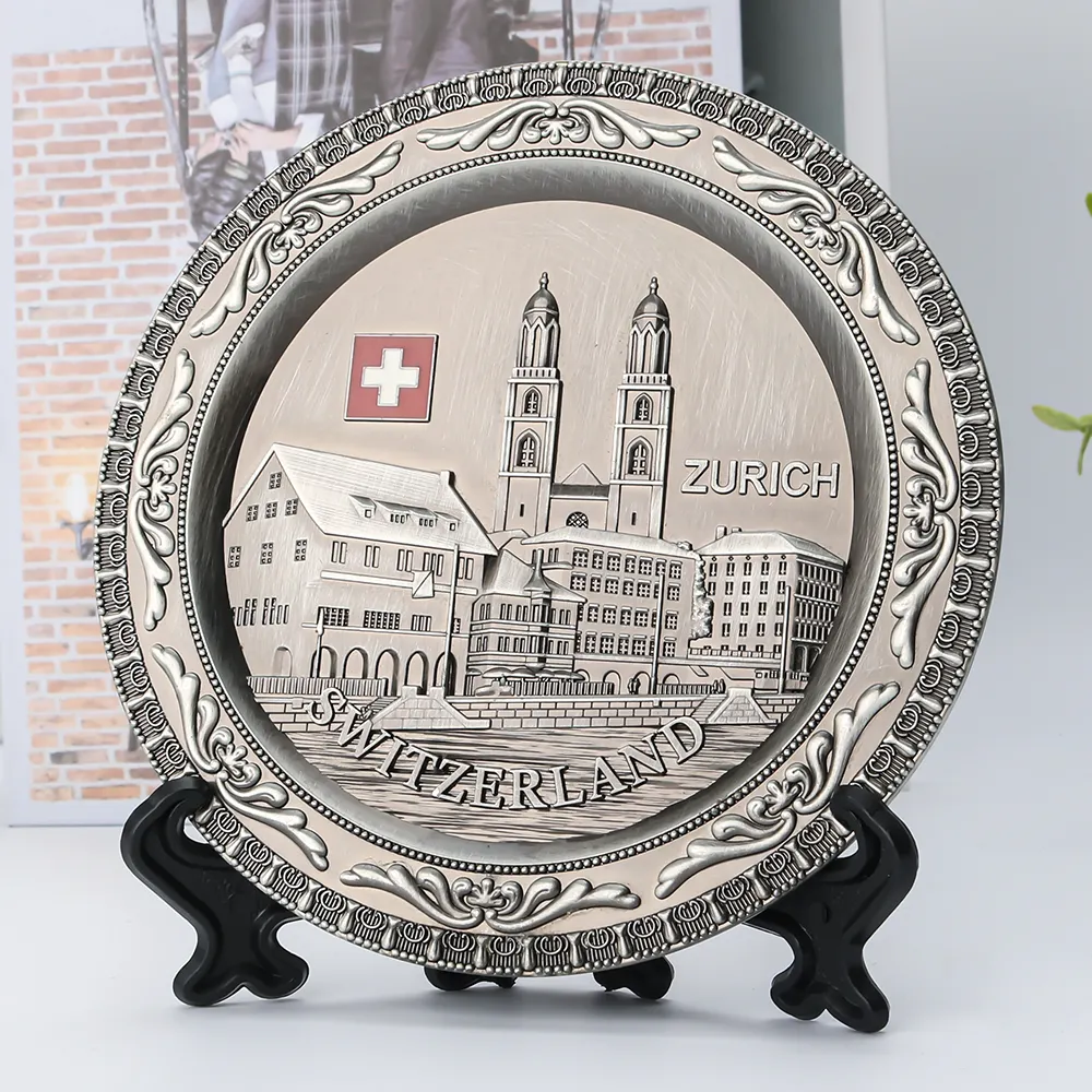 Placca decorativa personalizzata in metallo dorato 3d in rilievo svizzera National Tourist Souvenir plates