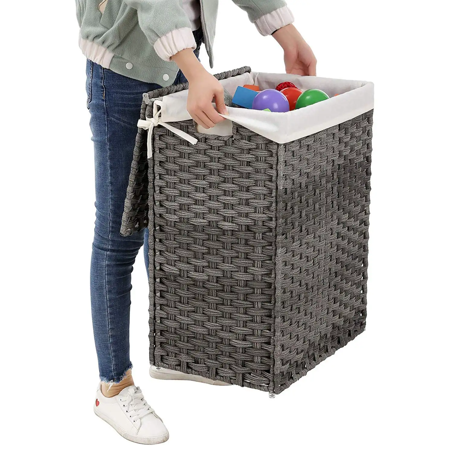 Mildewproof folded dirty clothes laundry hamper rattan basket with plastic handles for toys