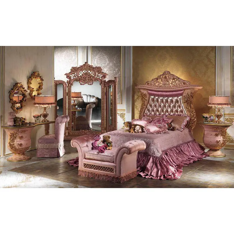 Juegos de muebles de dormitorio para niños, cama de lujo de Princesa Real, color rosa, tamaño pequeño