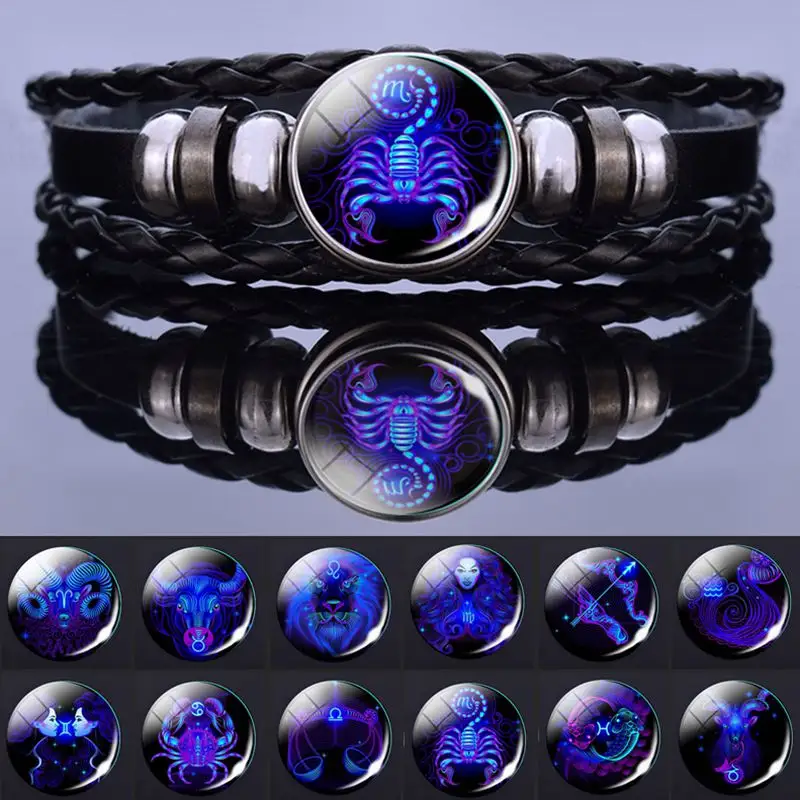 Pulsera con signos del zodiaco para hombre y mujer, brazalete de cuero tejido multicapa, 12 signos del zodiaco, regalos de cumpleaños