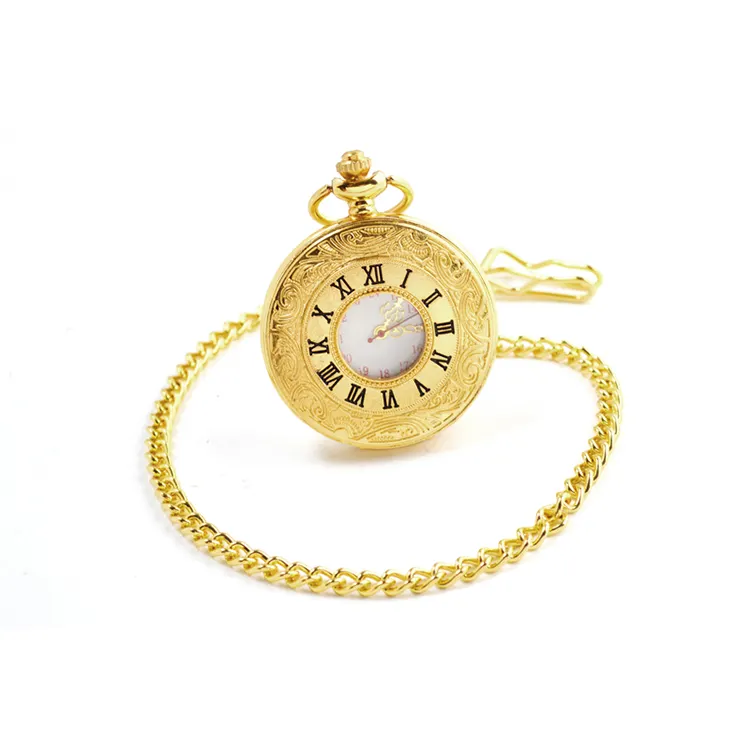 BOSHIYA นาฬิกาควอทซ์แกะสลักตัวเลขโรมันโบราณ,นาฬิกาพกสีดำเงินสีทองพร้อมโซ่