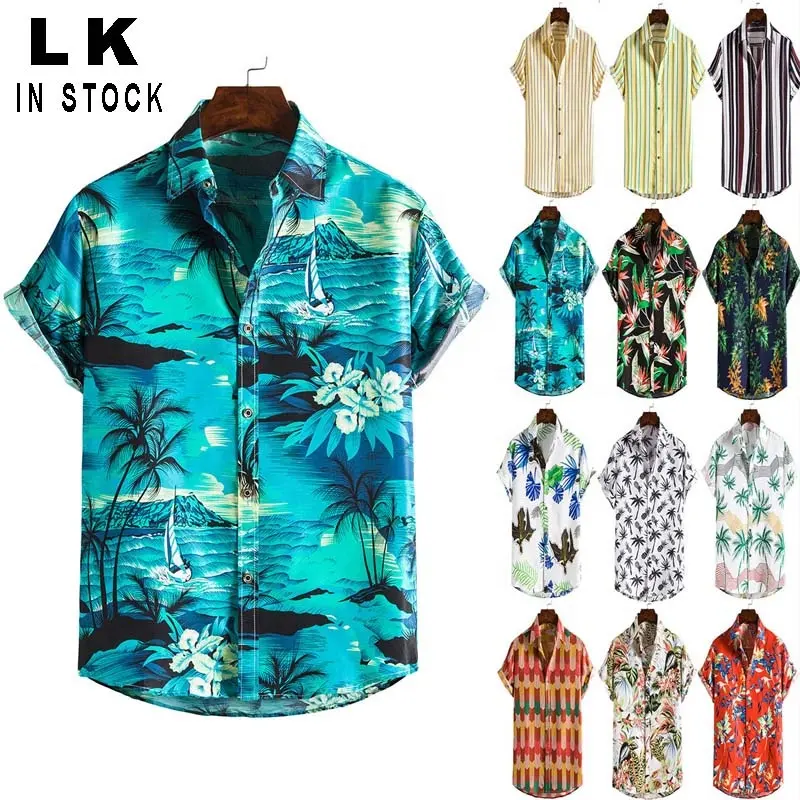 In Voorraad Heren Zomer Casual Plus Size Katoen Polyester Tropisch Bloemenprint Knoop Strand Hawaiiaanse Shirts