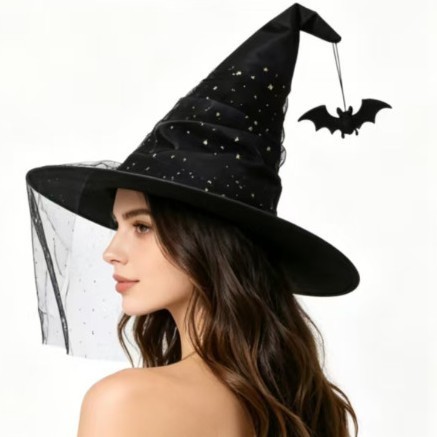 Sombrero de bruja de tul con estrella y dije de murciélago