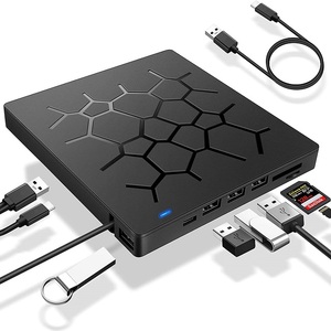 多功能外置DVD驱动器超薄便携式USB 3.0 Type-C集线器DVD-ROM刻录机CD复印机，带2USB端口SD tf卡插槽