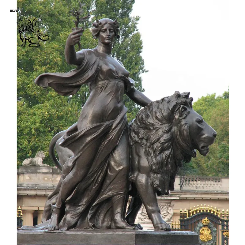 BLVE Grande Decoração Exterior Metal Lifesize Mulher Grega Bronze Diana Estátua Artemis Escultura De Cobre Caça Deusa Com Leão