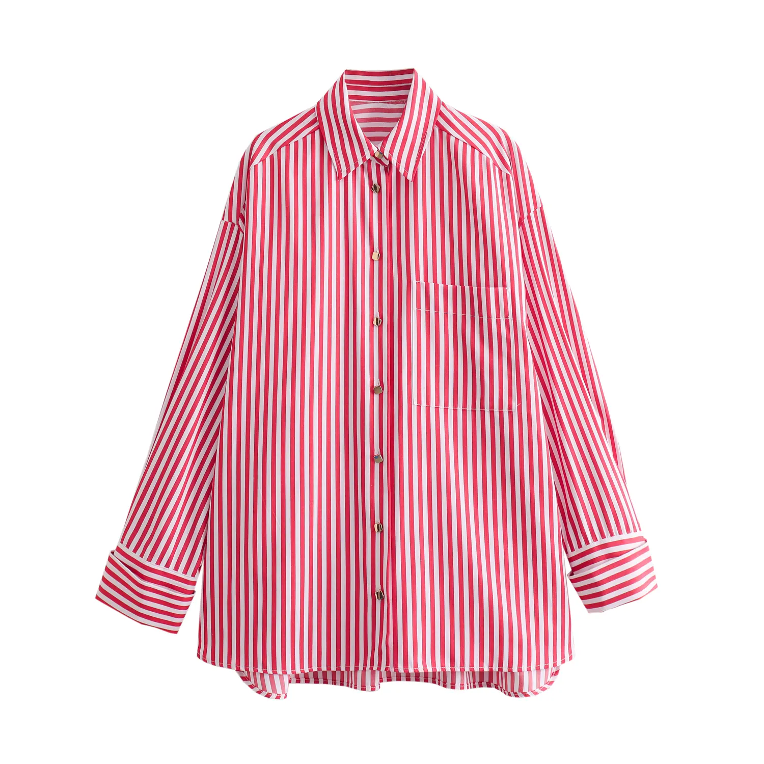 Womens 2024 Spring and Summer New Fashion Casual Striped Rolled Cuffs Loose Women's Shirt 2731533