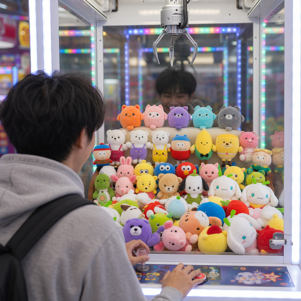 Máquinas de garras con peluches negros.