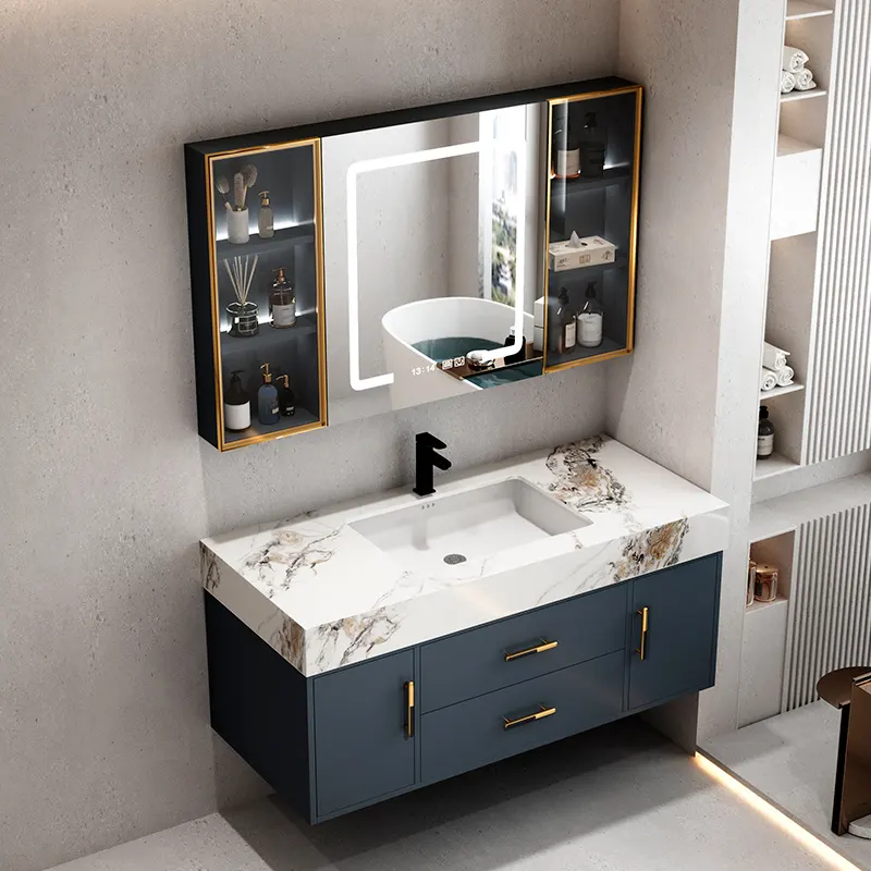 36 Inch Blue Luxury Sintered Stone Countertop Smart LED Mirror Cabinet Bathroom Vanities With Sink