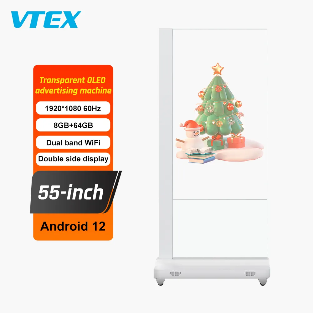 Vtex Oem55インチ透明タッチスクリーンディスプレイパネルテレビOledモニター垂直広告透明テレビOled