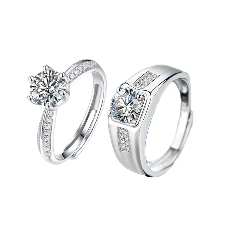Perhiasan Pernikahan 1 karat berlian moissanite wanita cincin pernikahan mewah set pasangan perak 925 cincin Pria Wanita