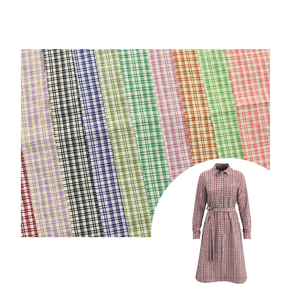 Materiales de tela teñida de hilo barato para hacer vestidos Material de tela de cuadros finos tela de algodón de poliéster personalizada para camisa